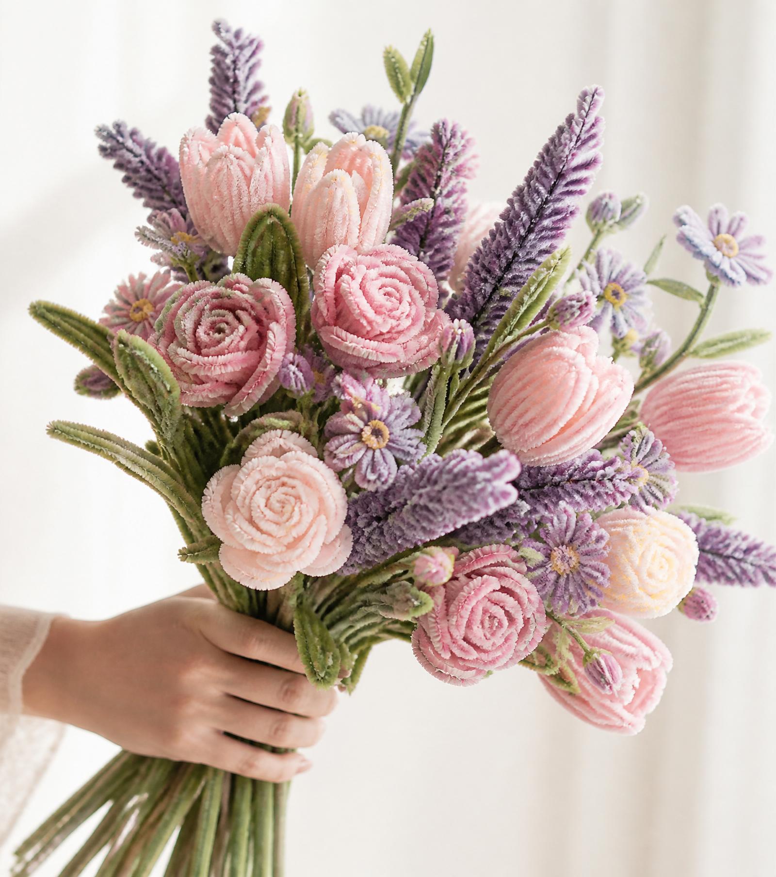 Un hermoso ramo de flores de limpiapipas de colores vibrantes sostenido por unas manos.