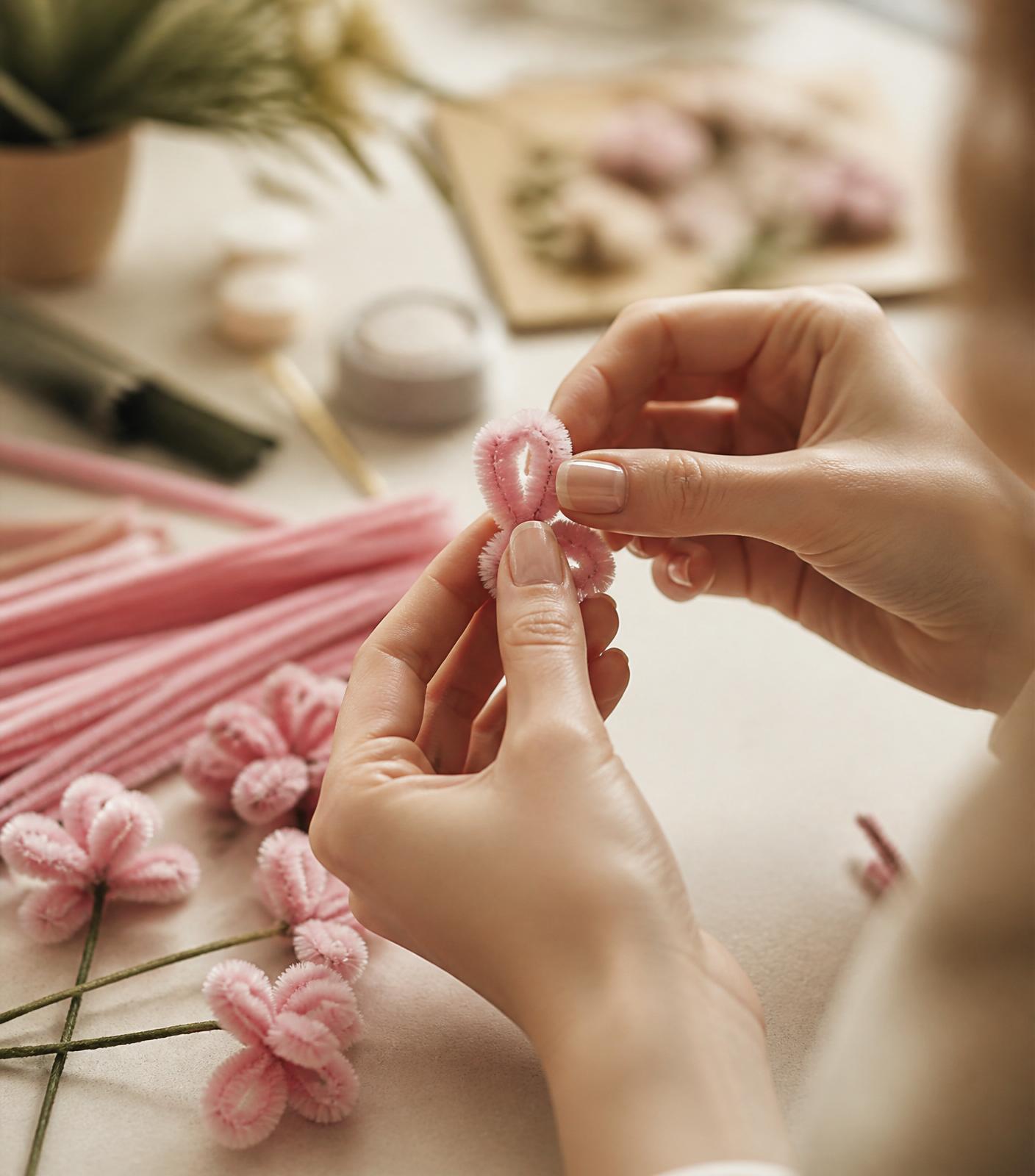 Manos artesanas moldeando una flor de limpiapipas con delicadeza