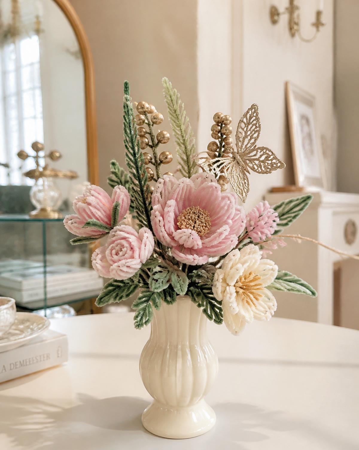 Centro de mesa decorativo hecho con flores de limpiapipas en una base de cerámica.