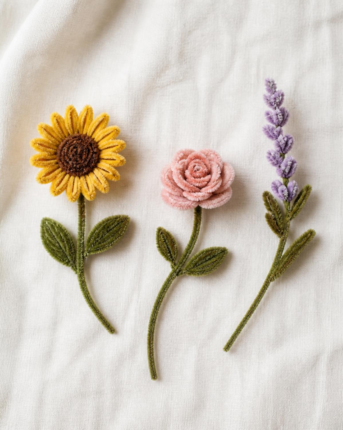 Flores individuales de limpiapipas: un girasol, una rosa y una lavanda.