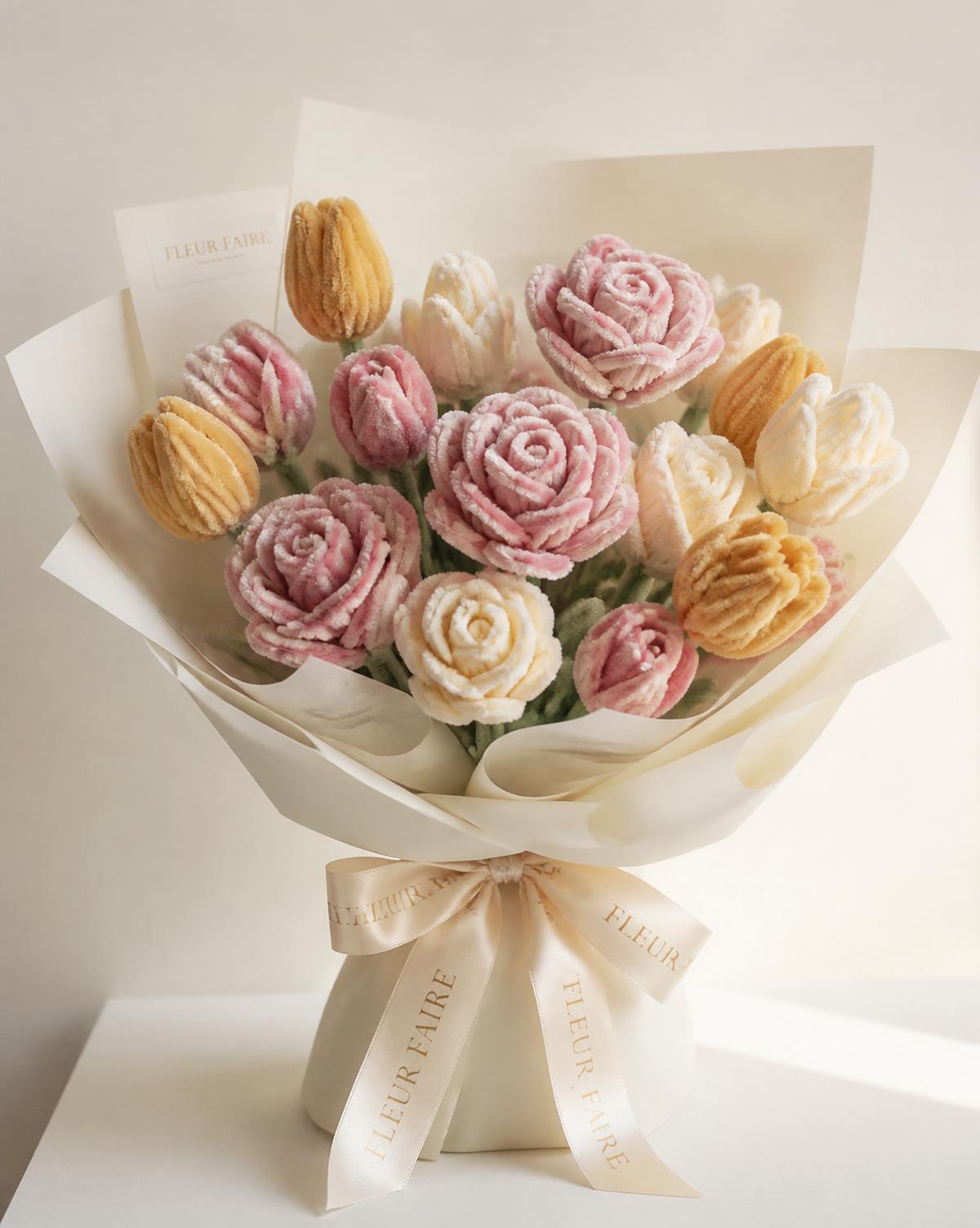 Ramo personalizado de flores de limpiapipas con rosas y tulipanes.